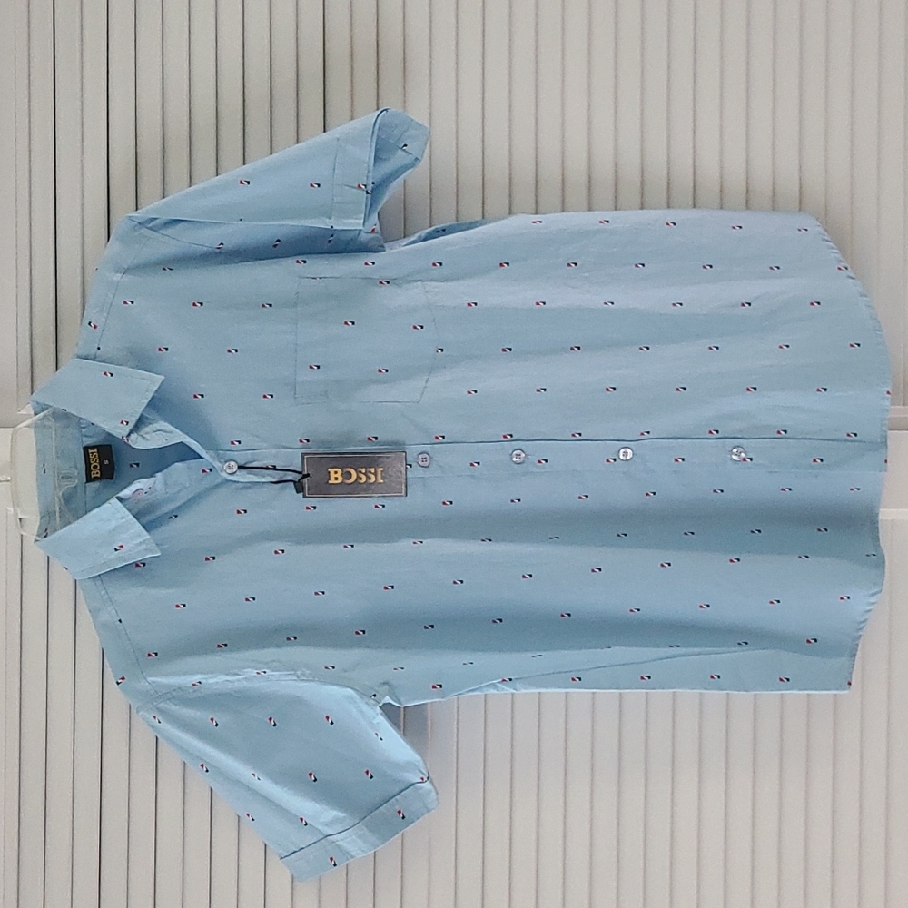Short Sleeve Button Down Shirt  Sz S. 100% Cotton. Lt Blue Print.  NWT